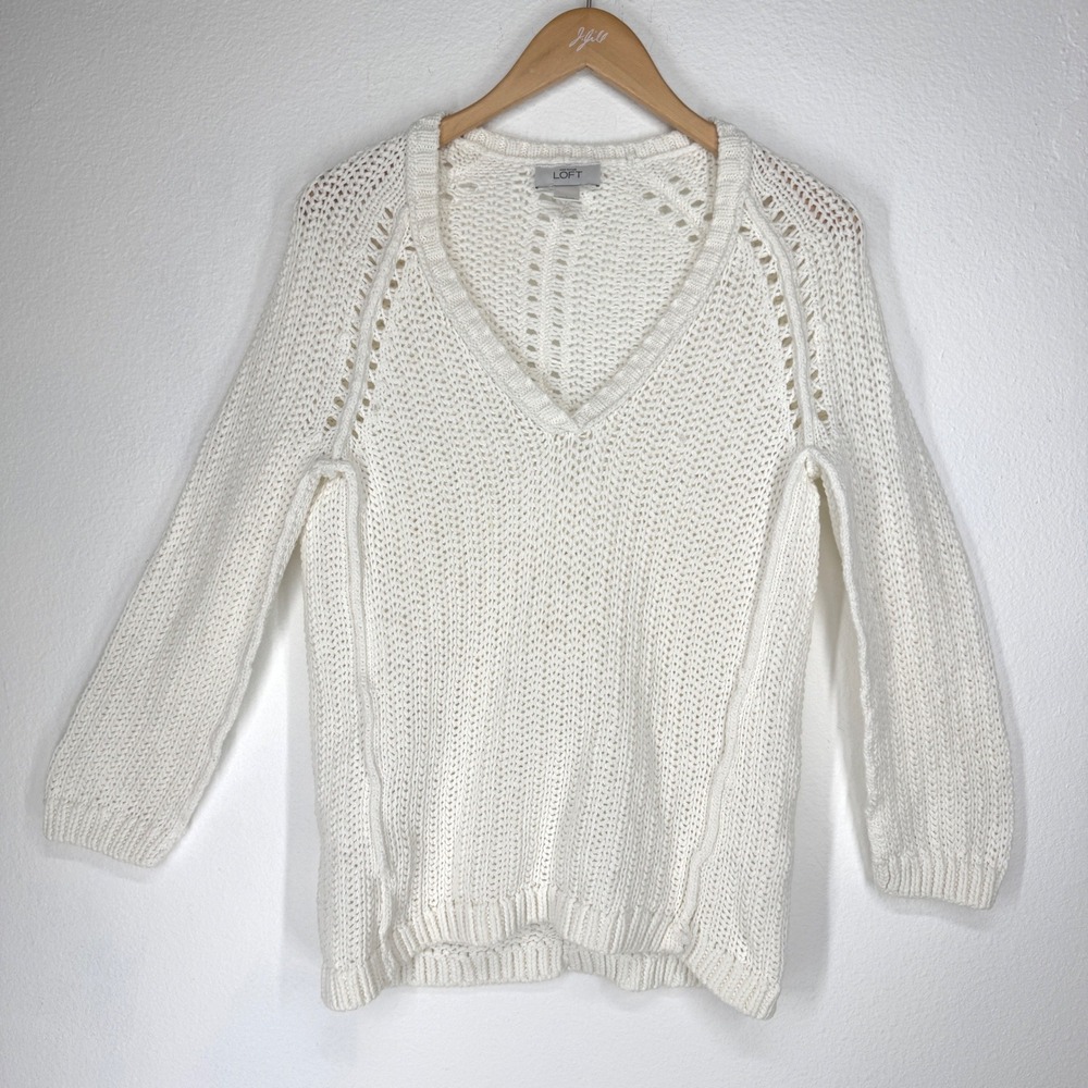 LOFT Chunky Knit White Cotton Oversized Sweater Large Sheer Coastal New England